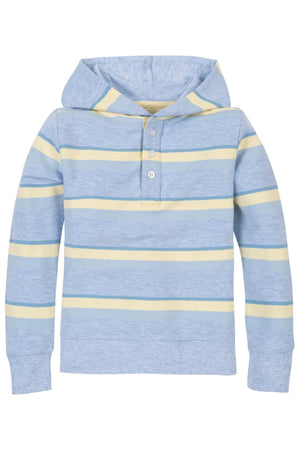 Light blue organic cotton French terry hoodie featuring yellow and white stripes, a cozy hood, and a Henley button placket, ideal for layering and suitable for kids aged 2T-18.