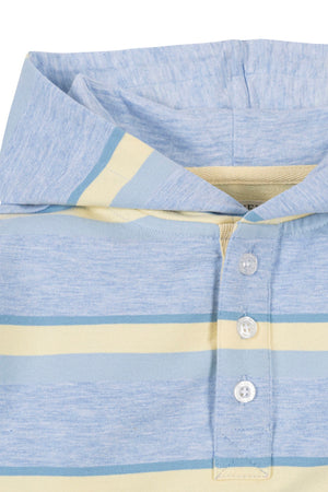 A close-up view of an organic cotton French terry hoodie features a light blue background with yellow and white stripes. The hoodie includes a cozy hood and Henley button placket.