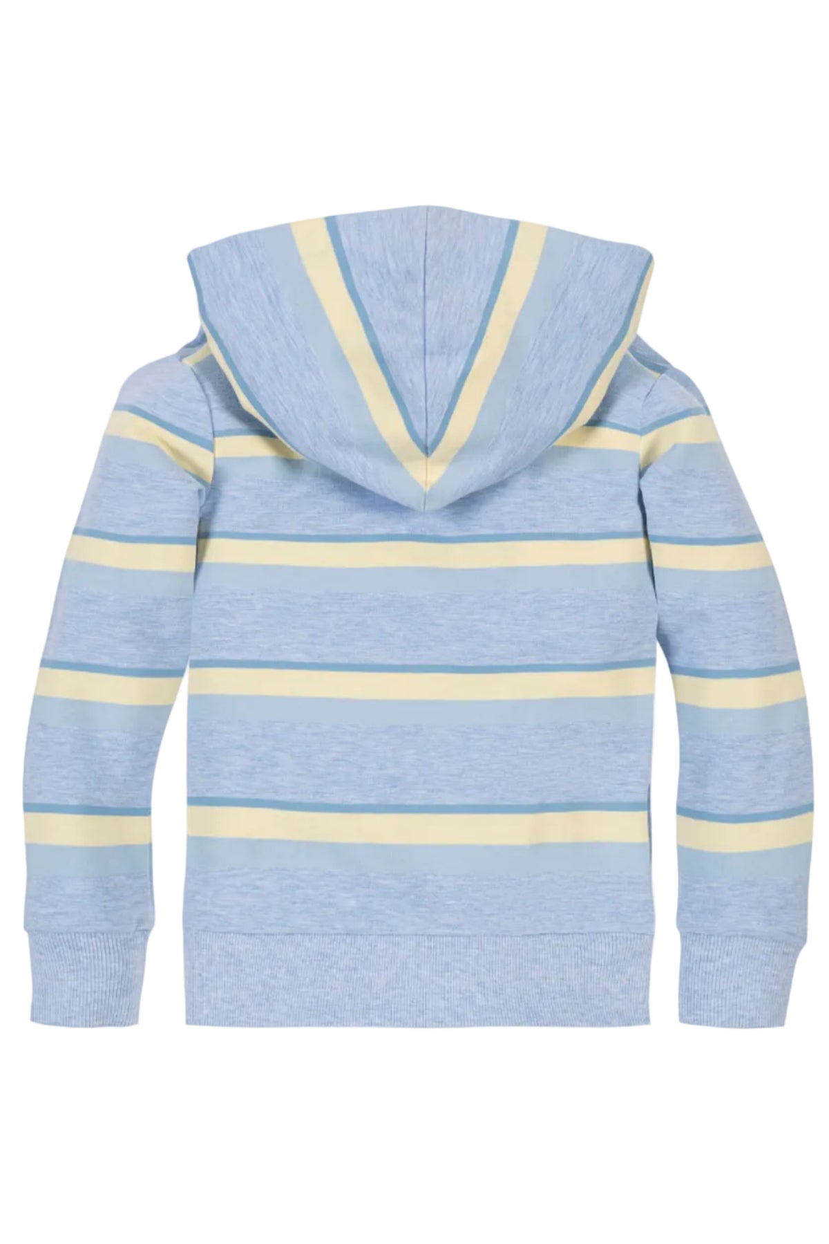 Back view of an organic cotton French terry hoodie in a sunlit multi-stripe design, featuring light blue and yellow stripes. Ideal for kids aged 2T-18, perfect for layering.