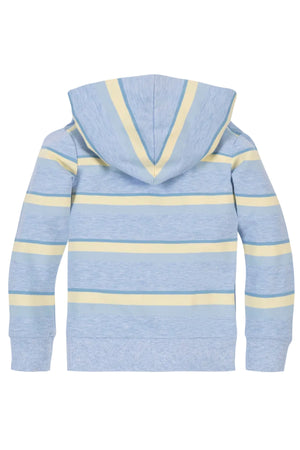 Back view of an organic cotton French terry hoodie in a sunlit multi-stripe design, featuring light blue and yellow stripes. Ideal for kids aged 2T-18, perfect for layering.