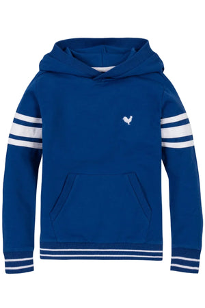 Blue organic cotton French terry hoodie featuring a cozy kanga pocket, white stripes on the sleeves, and a relaxed pullover design, perfect for kids aged 2T-18.