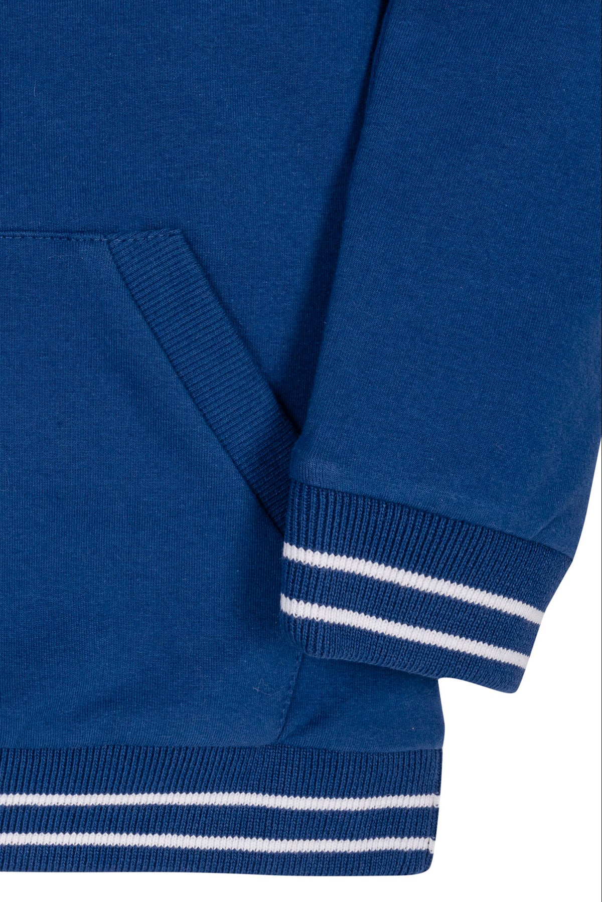 A close-up view of a blue organic cotton hoodie featuring a kanga pocket and striped ribbed cuffs. The soft French terry fabric suggests comfort for kids aged 2T to 18.