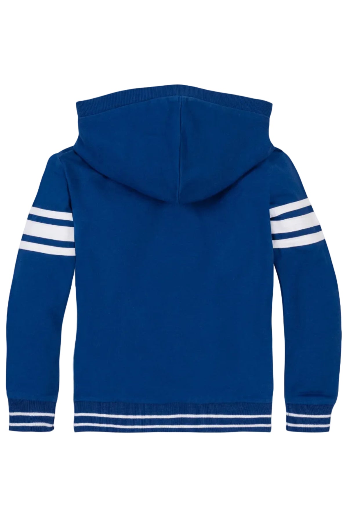 Back view of a blue organic cotton French terry Kanga hoodie featuring white striped sleeves and a cozy hood. Ideal for kids aged 2T-18, it combines comfort and style.