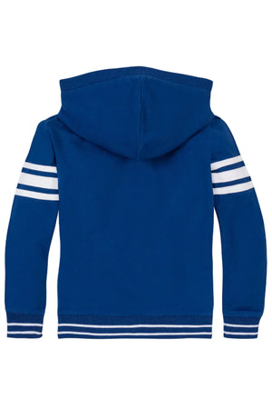 Back view of a blue organic cotton French terry Kanga hoodie featuring white striped sleeves and a cozy hood. Ideal for kids aged 2T-18, it combines comfort and style.