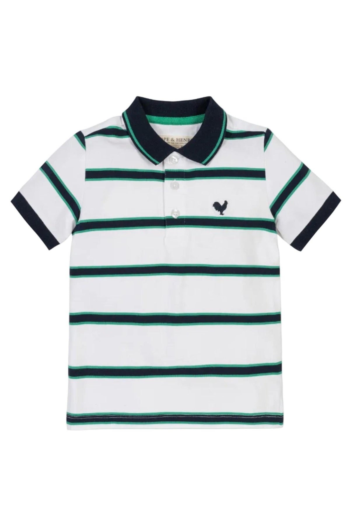 A short-sleeve polo shirt in white with green and navy stripes, featuring a button-down collar and a small logo on the chest. Made from soft organic cotton for comfort.