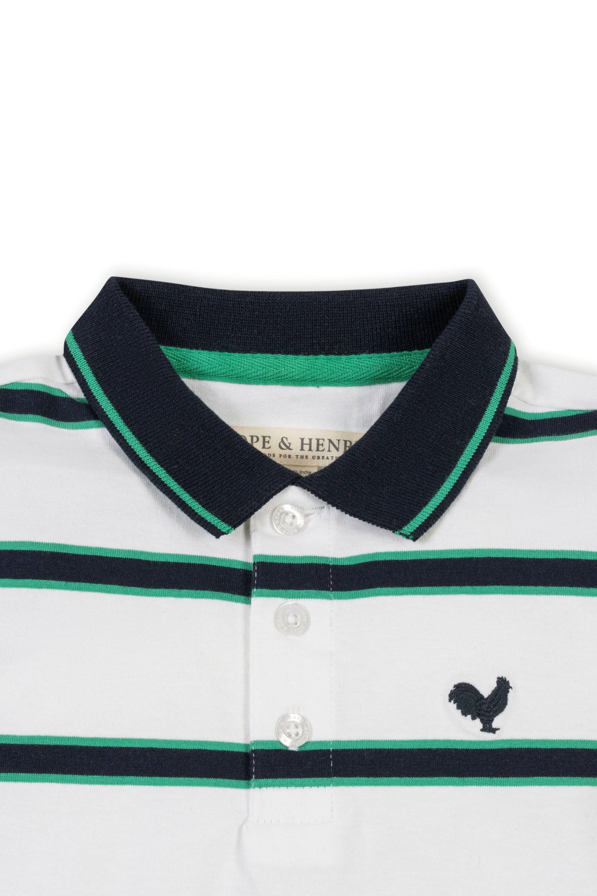 Close-up of a Hope & Henry organic cotton jersey polo featuring a white base with green and navy stripes, a pointed collar.