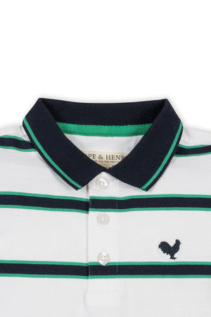 Close-up of a Hope & Henry organic cotton jersey polo featuring a white base with green and navy stripes, a pointed collar.