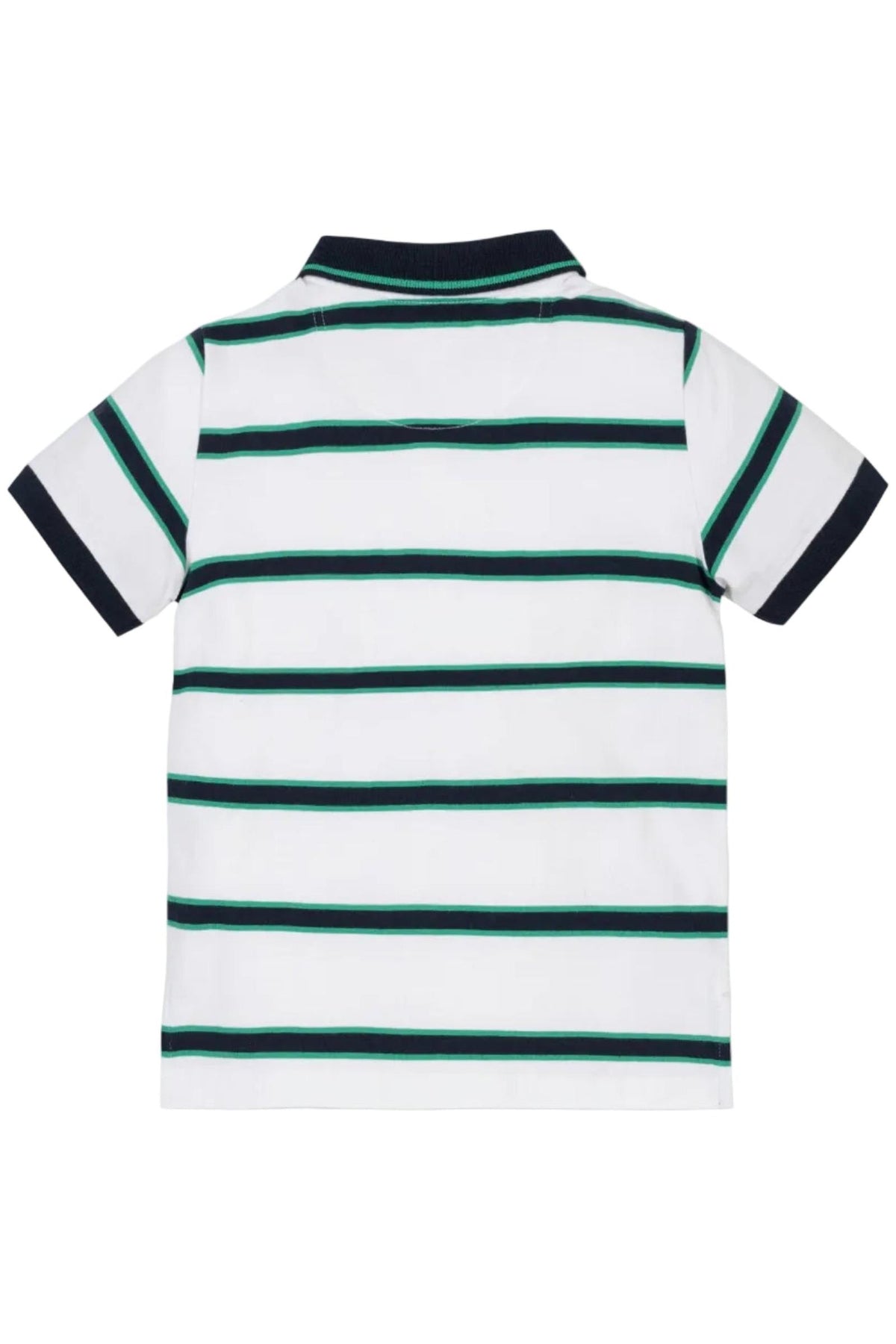 Back view of a short sleeve polo shirt featuring a white base with navy and green horizontal stripes.