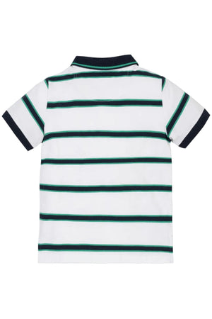 Back view of a short sleeve polo shirt featuring a white base with navy and green horizontal stripes.