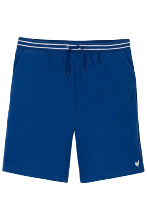 Blue organic cotton French terry pull-on shorts feature a relaxed fit, elastic waistband with adjustable drawstring, and practical pockets, perfect for active kids aged 4T-14.