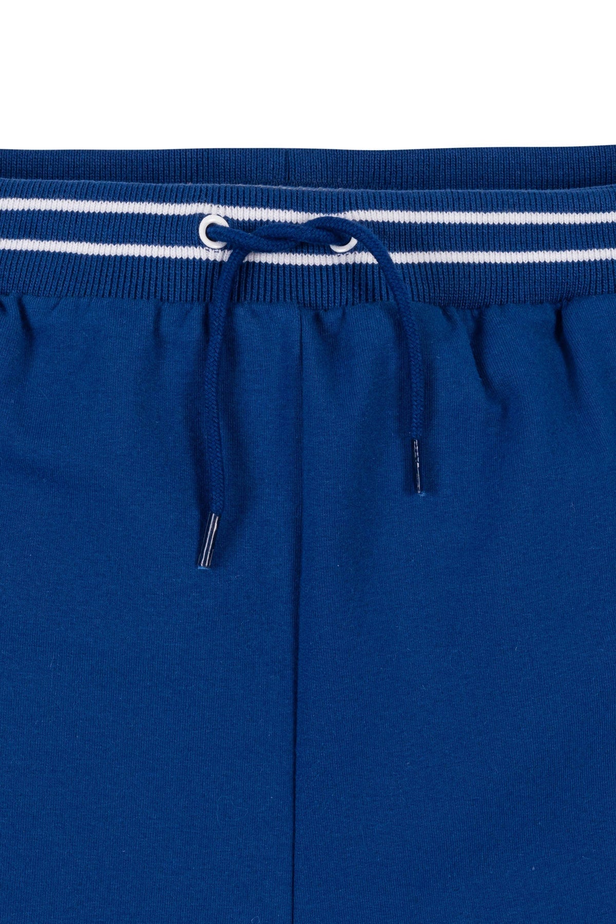 Close-up of a blue organic cotton French terry pull-on short featuring a striped elastic waistband and an adjustable drawstring, perfect for active kids aged 4T-14.