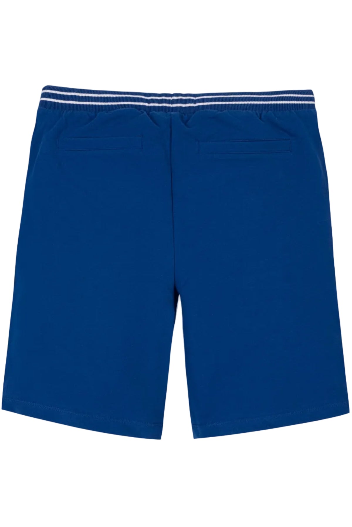 Back view of blue organic cotton French terry pull-on shorts featuring an elastic waistband and two back pockets. Designed for comfort, these shorts are ideal for active kids aged 4T-14.