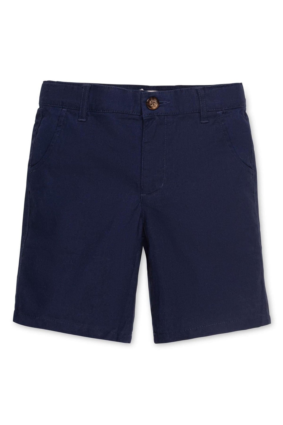 Navy blue linen shorts featuring a front button closure and side pockets, suitable for boys aged 2T-16.