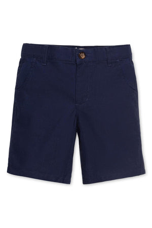 Navy blue linen shorts featuring a front button closure and side pockets, suitable for boys aged 2T-16.