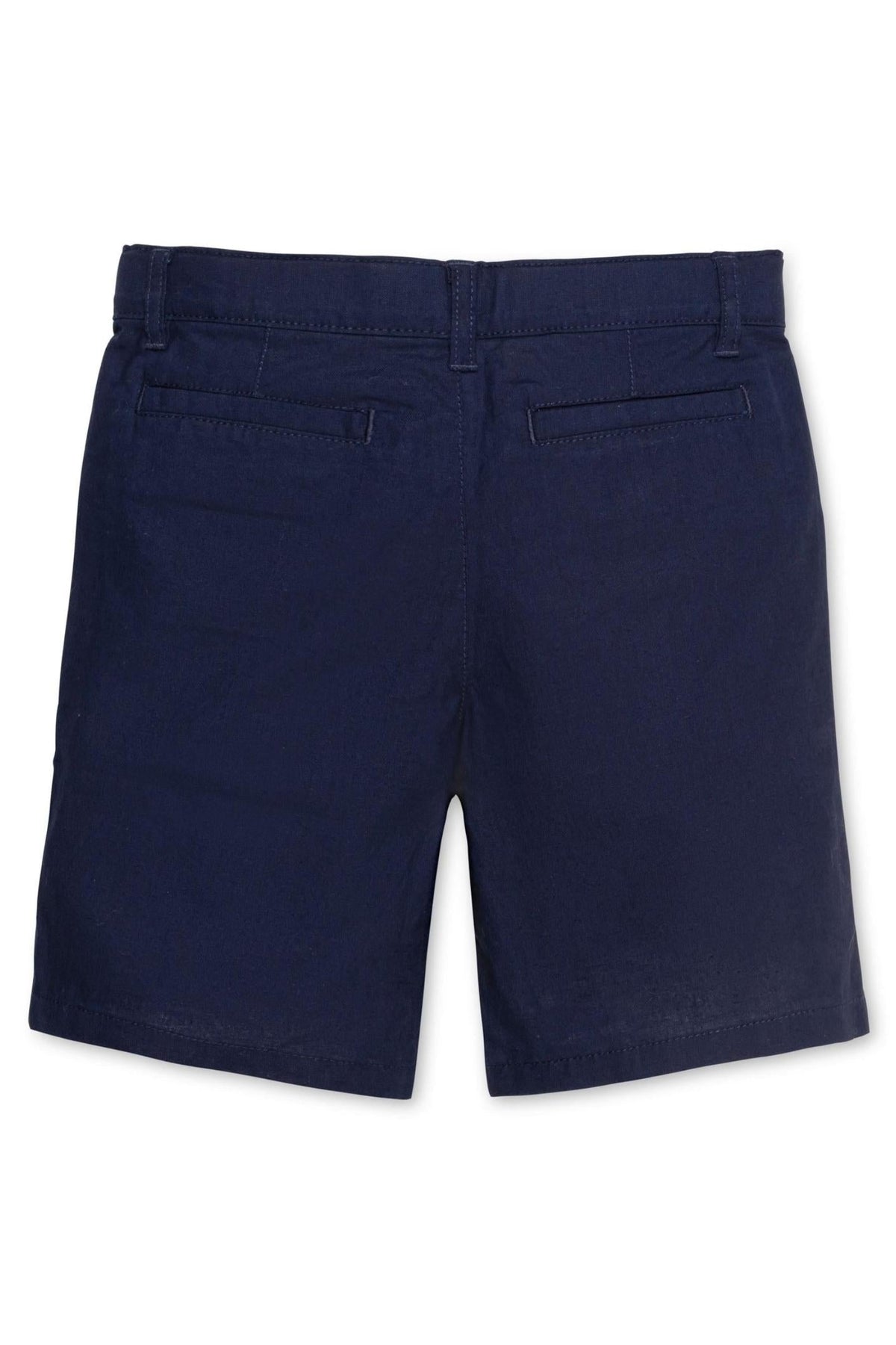 Back view of navy blue linen shorts, featuring two back pockets and a clean, classic design suitable for boys.