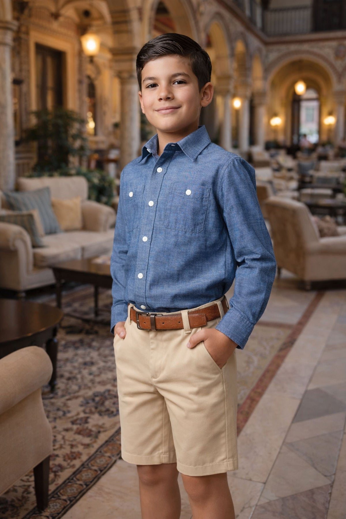 A young boy stands confidently in a stylish setting, wearing a blue button-up shirt and beige shorts. The shorts are crafted from organic cotton, perfect for summer wear.