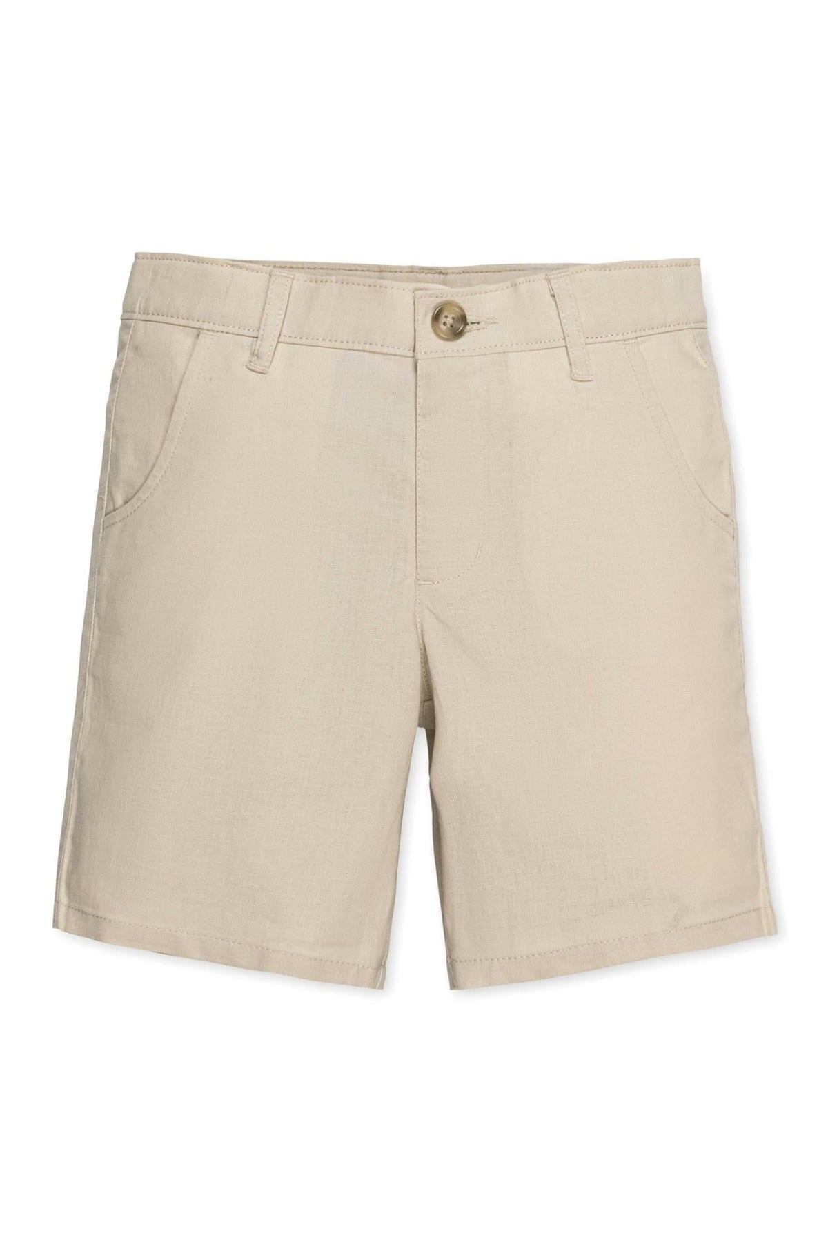Beige organic cotton and linen shorts for boys, featuring a classic chino style with an adjustable waistband and faux tortoise button. Ideal for toddlers and kids summer wardrobes.