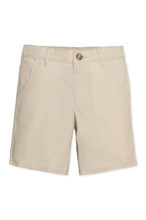Beige organic cotton and linen shorts for boys, featuring a classic chino style with an adjustable waistband and faux tortoise button. Ideal for toddlers and kids summer wardrobes.