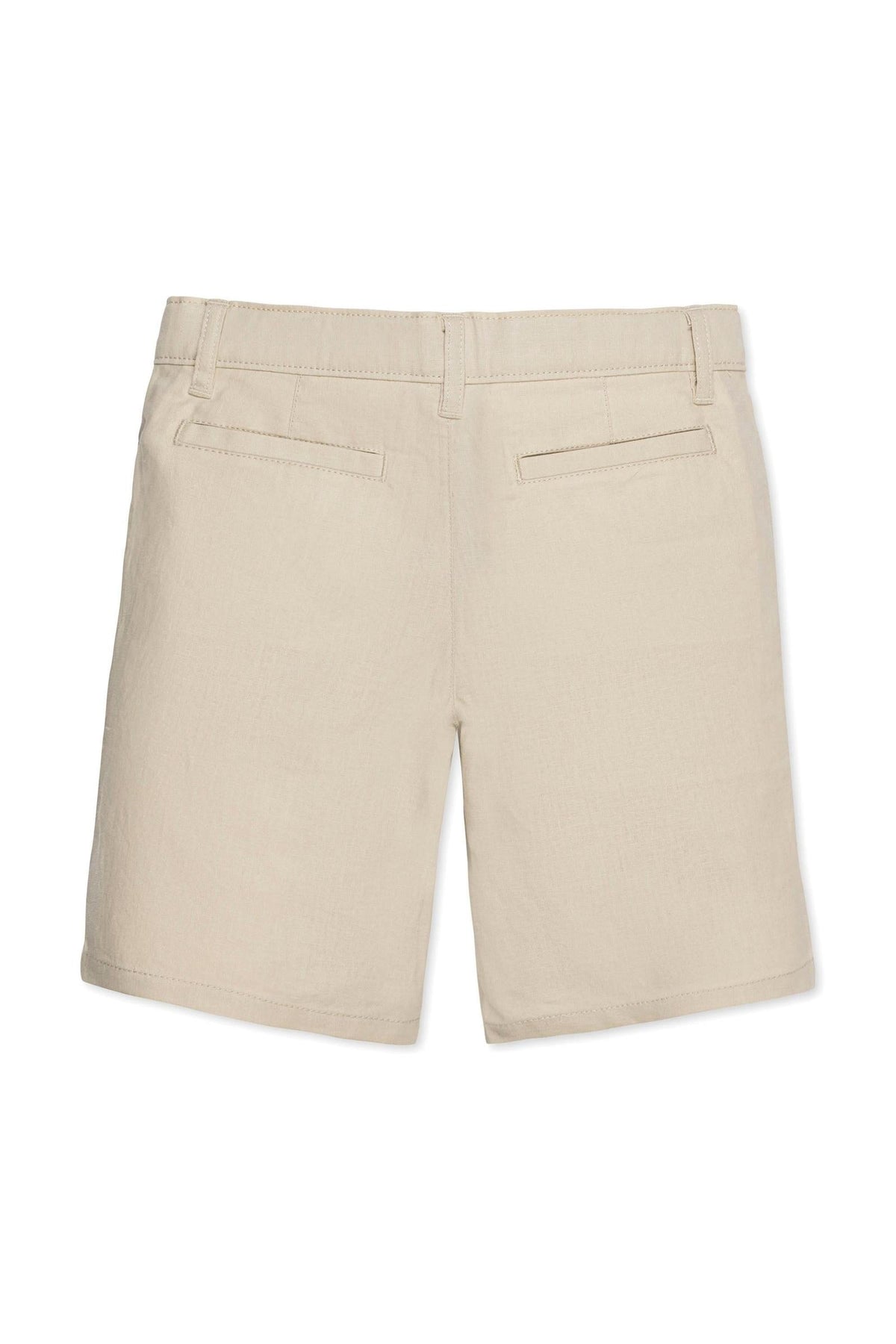 Back view of beige organic cotton and linen shorts for boys, featuring two back pockets. These sustainable shorts are suitable for toddlers and kids, ideal for summer wear.