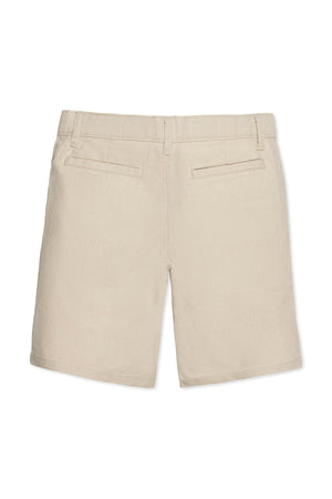 Back view of beige organic cotton and linen shorts for boys, featuring two back pockets. These sustainable shorts are suitable for toddlers and kids, ideal for summer wear.