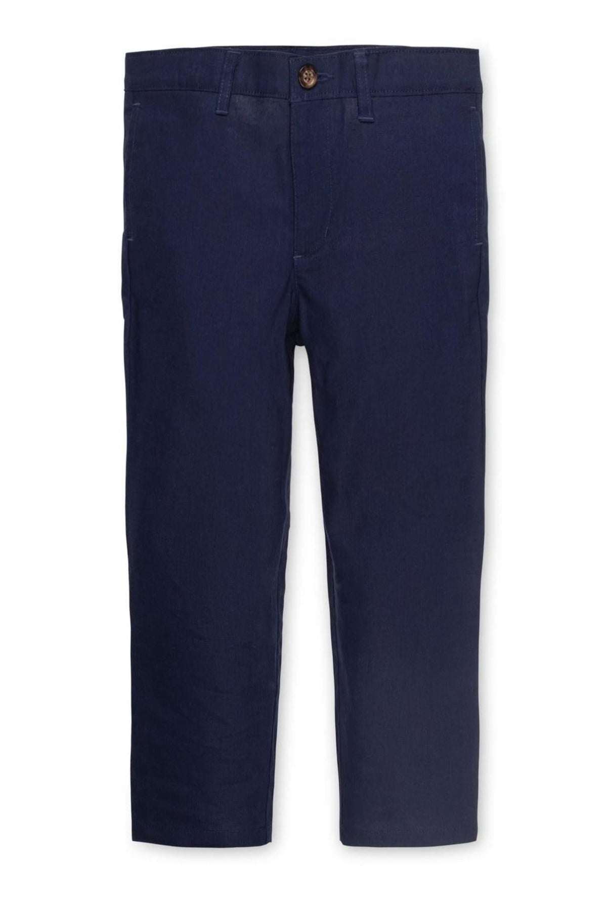 Navy linen suit pants with a faux tortoiseshell button and front slash pockets, suitable for boys.