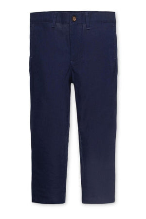 Navy linen suit pants with a faux tortoiseshell button and front slash pockets, suitable for boys.