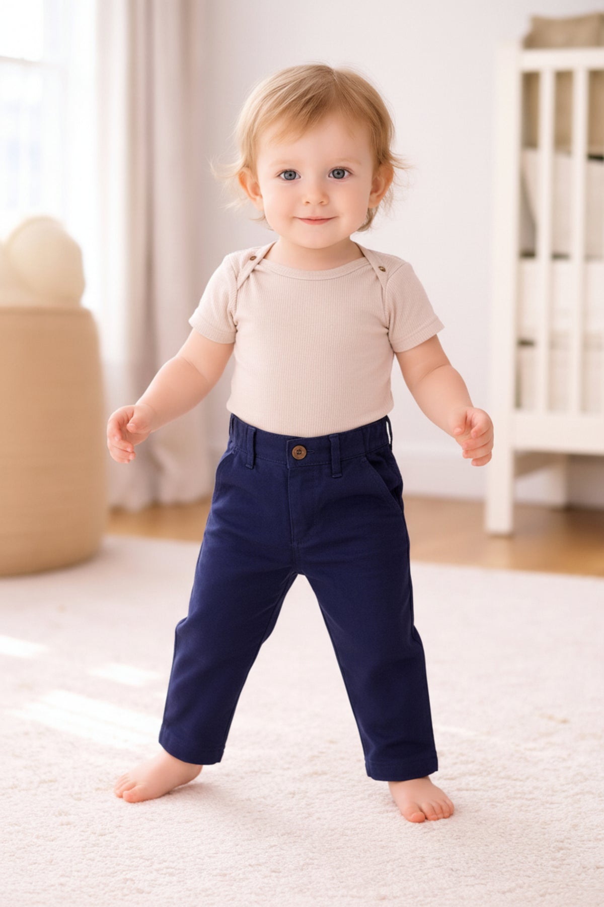 A toddler stands on a soft, light carpet wearing a beige short-sleeve shirt and navy linen suit pants.