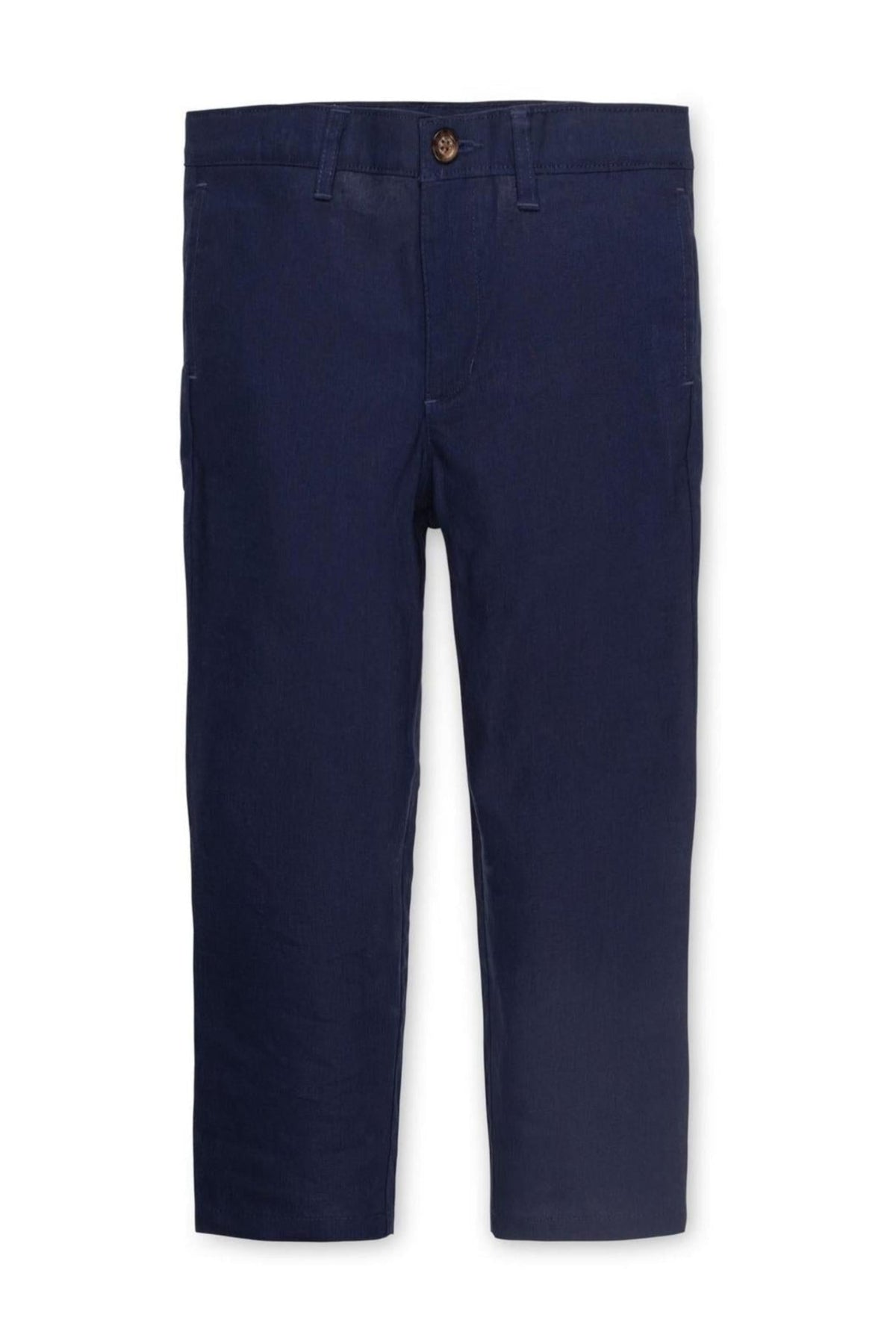 Navy linen blend suit pants for baby boys feature a zip fly, faux tortoiseshell button closure, and functional pockets. Ideal for special occasions, offering style and comfort.