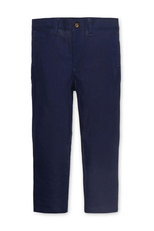 Navy linen blend suit pants for baby boys feature a zip fly, faux tortoiseshell button closure, and functional pockets. Ideal for special occasions, offering style and comfort.