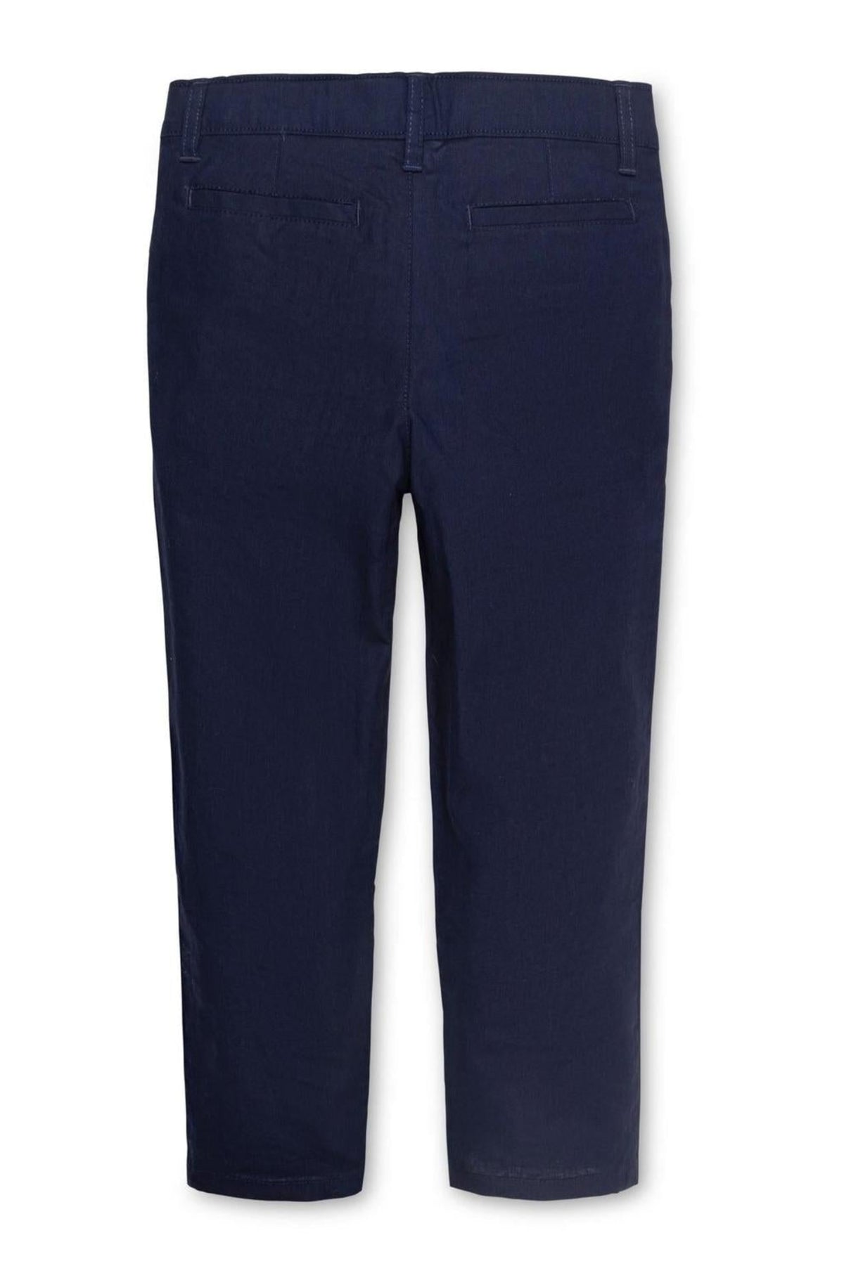 Navy linen suit pants for boys with welt back pockets, shown from the rear.