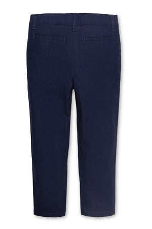 Navy linen suit pants for boys with welt back pockets, shown from the rear.