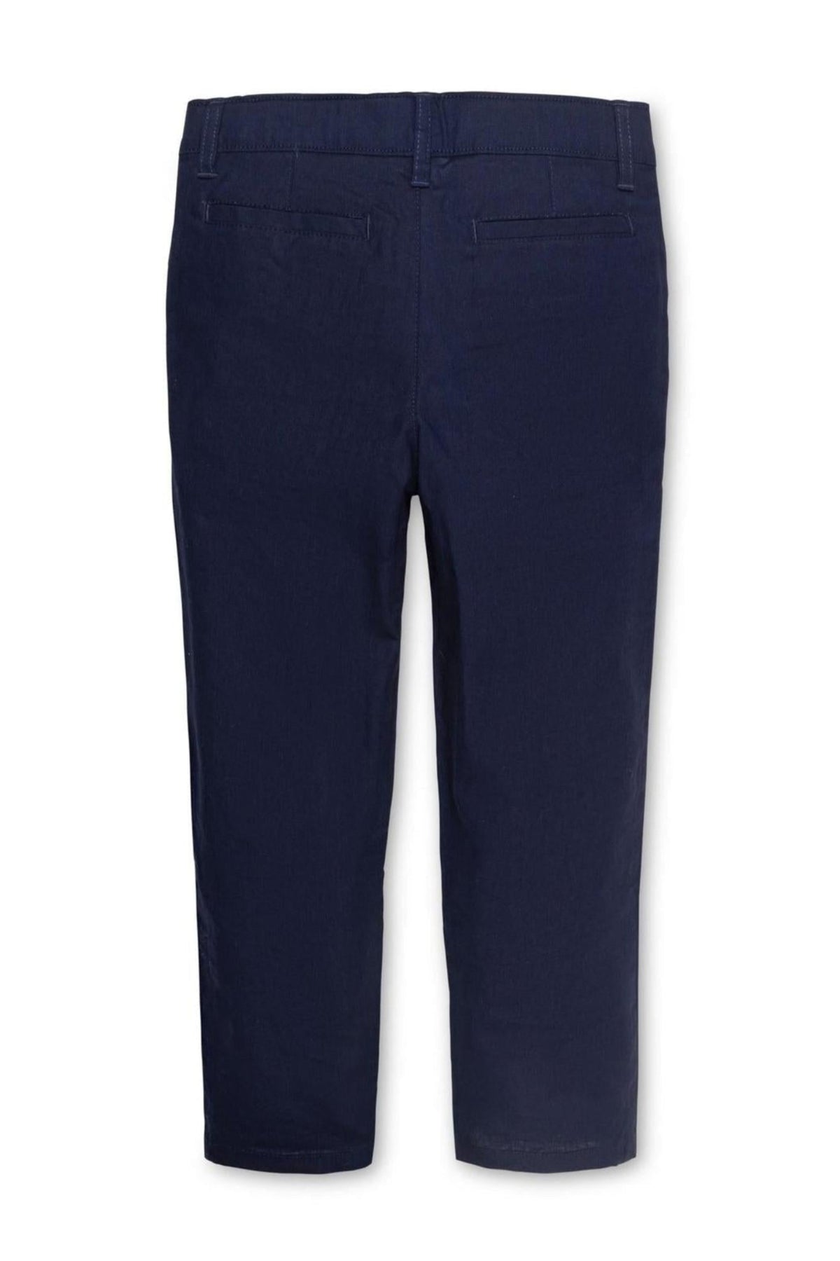 Back view of navy linen blend suit pants for baby boys, featuring welt pockets and an adjustable waistband for comfort. Ideal for dressy occasions or casual wear.