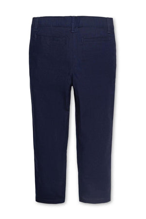 Back view of navy linen blend suit pants for baby boys, featuring welt pockets and an adjustable waistband for comfort. Ideal for dressy occasions or casual wear.