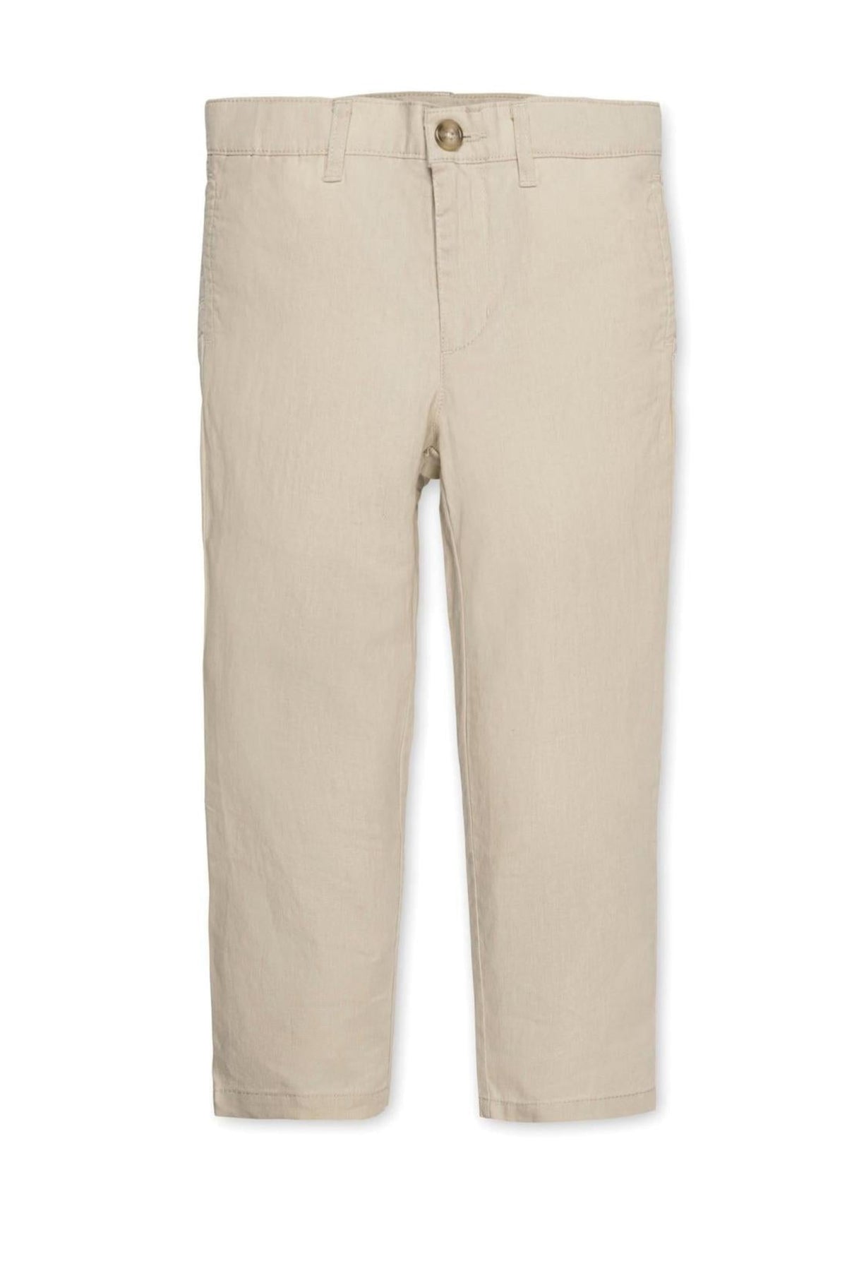 Beige linen blend suit pants for boys with a zip fly and faux button closure, designed for comfort and style.