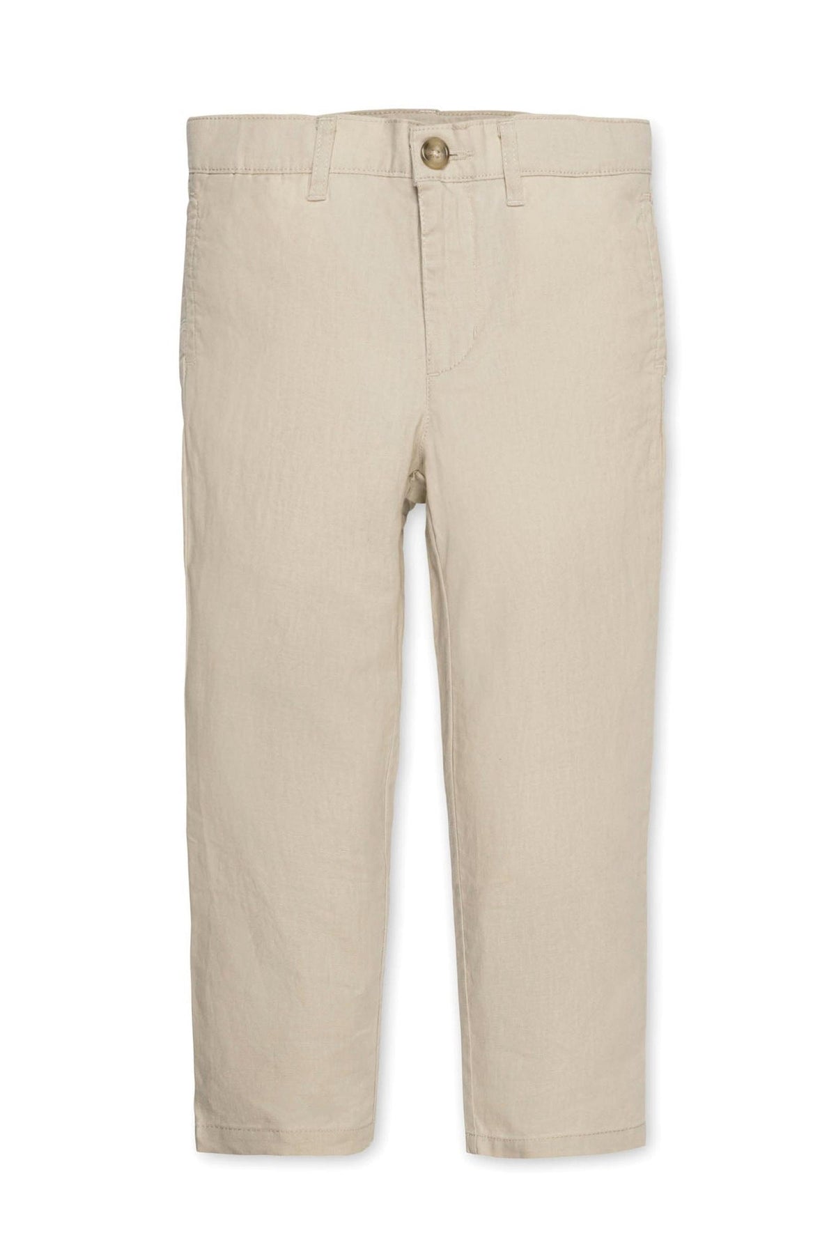 Light beige linen and organic cotton blend suit pants for baby boys, featuring a zip fly, faux tortoiseshell button, and functional pockets, perfect for special occasions or casual wear.