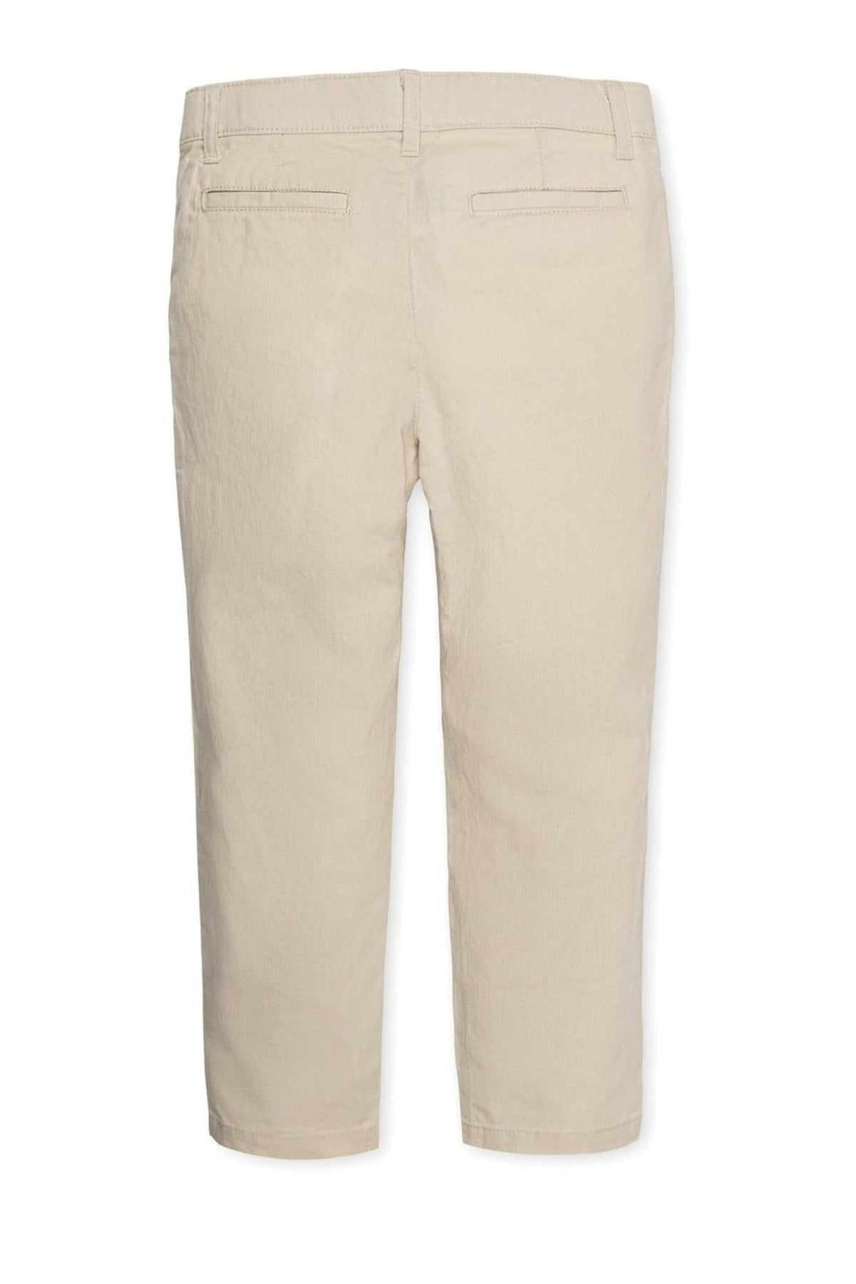 Beige linen and cotton blend suit pants for boys, featuring a clean back view with welt pockets and a tailored.