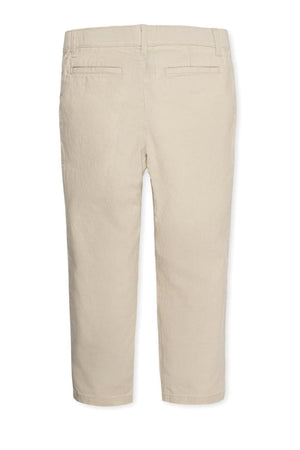 Beige linen and cotton blend suit pants for boys, featuring a clean back view with welt pockets and a tailored.