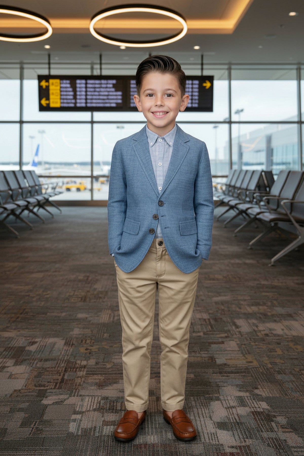 A young boy in a blue chambray blazer and beige pants stands smiling in an airport terminal.