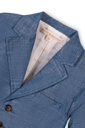 Blue chambray suit jacket with faux horn buttons and flap pockets, featuring a Hope & Henry label inside.