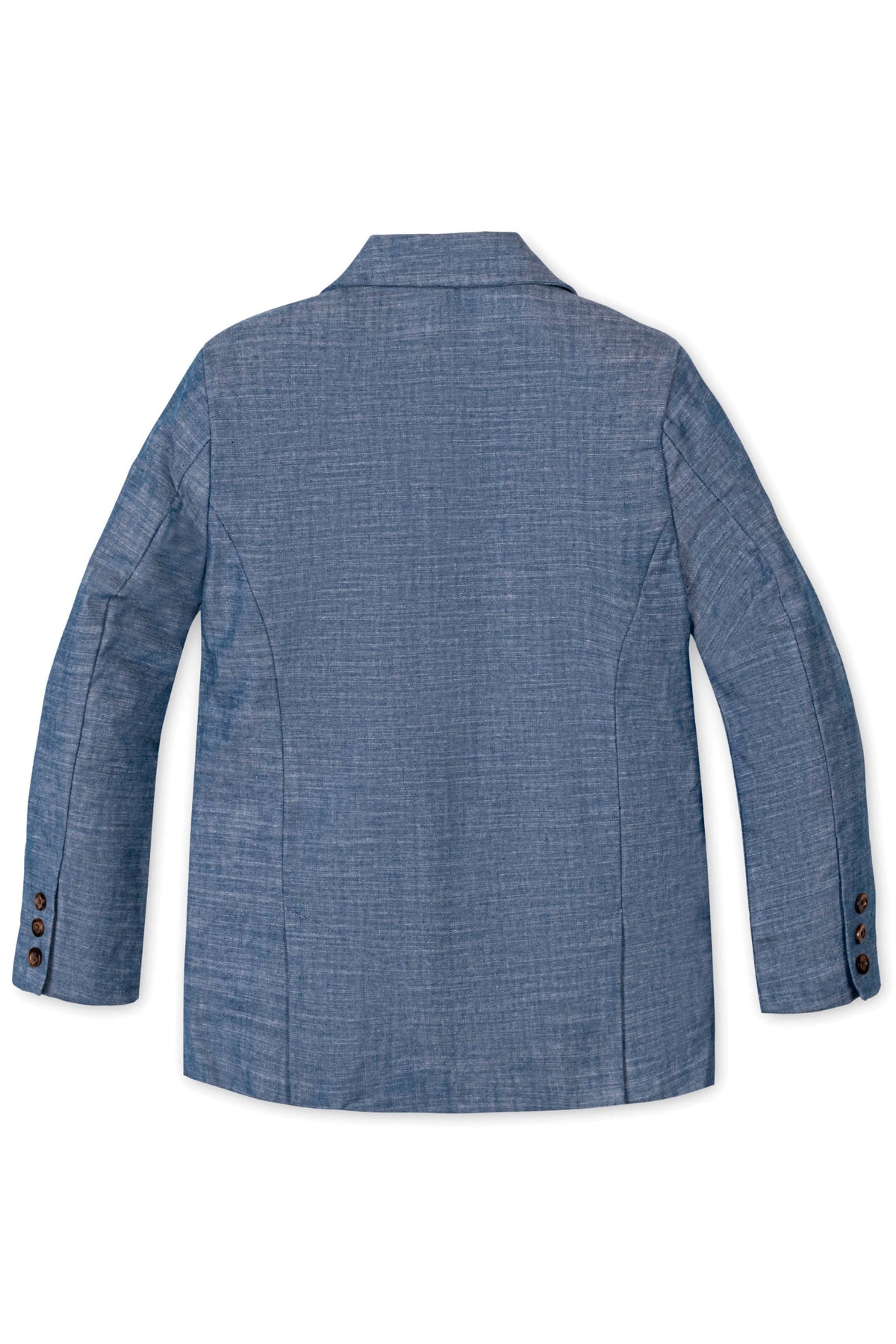 Blue chambray suit jacket for boys, featuring faux horn buttons on sleeves and classic styling. Made with organic cotton.