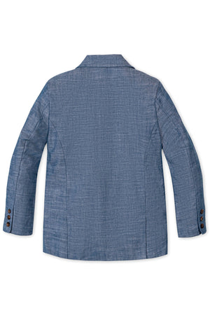 Blue chambray suit jacket for boys, featuring faux horn buttons on sleeves and classic styling. Made with organic cotton.