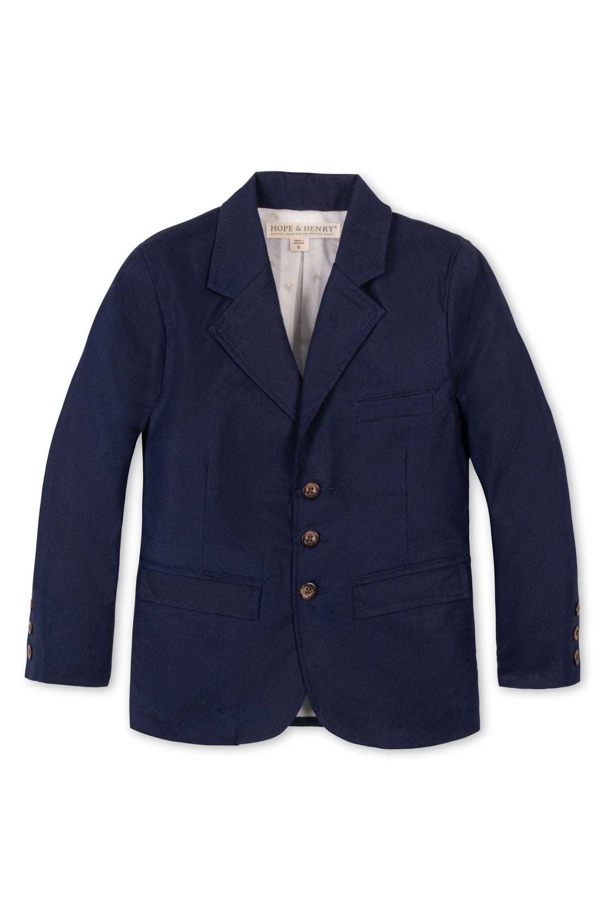 Navy linen suit jacket for boys by Hope & Henry, featuring a notch collar, faux tortoiseshell buttons, and functional pockets.