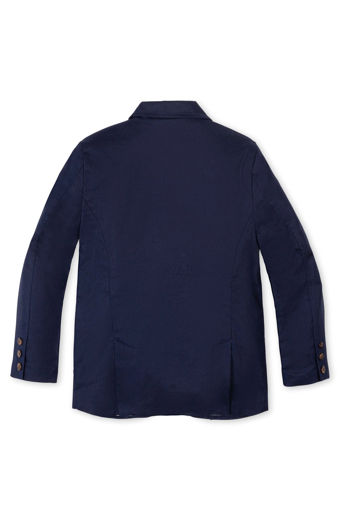 Back view of a navy linen suit jacket featuring a notch collar and faux tortoiseshell buttons.