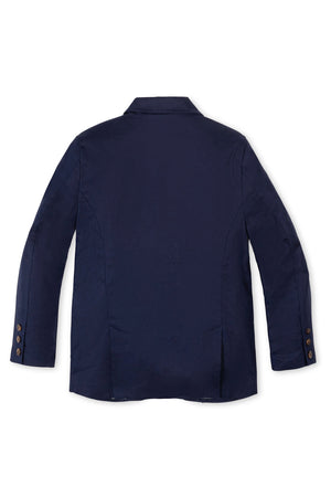 Back view of a navy linen suit jacket featuring a notch collar and faux tortoiseshell buttons.