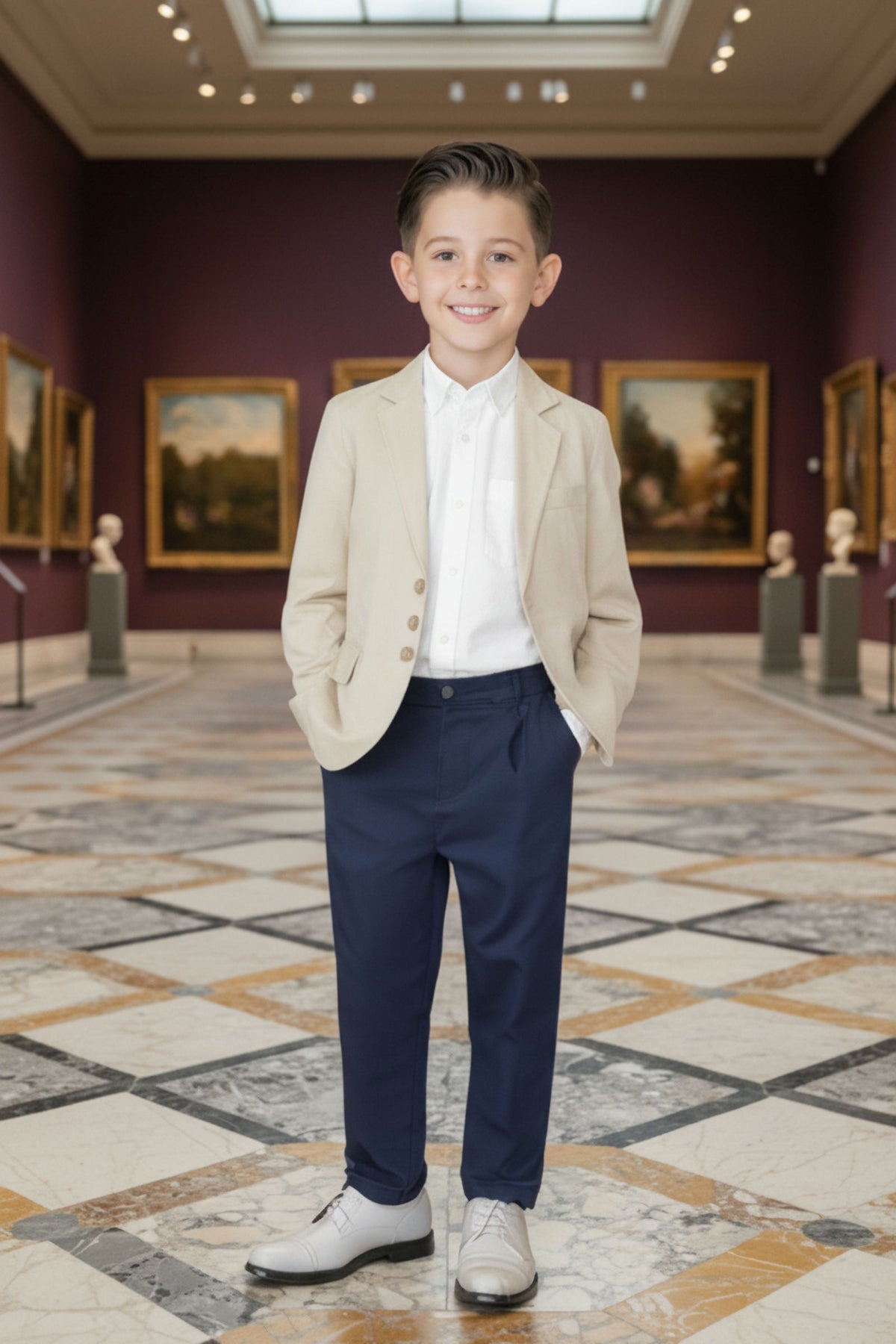 A young boy stands confidently in a museum, wearing a beige linen suit jacket over a white shirt and navy pants, complemented by stylish gray shoes.