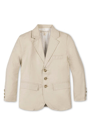 A beige linen suit jacket by Hope & Henry features a button front with faux tortoiseshell buttons, notch collar, and a welt chest pocket, designed for boys aged 2T-12.