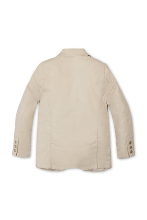 Back view of a beige linen suit jacket for boys, featuring a classic cut, buttoned sleeve details, and a soft texture, ideal for formal or semi-formal occasions.