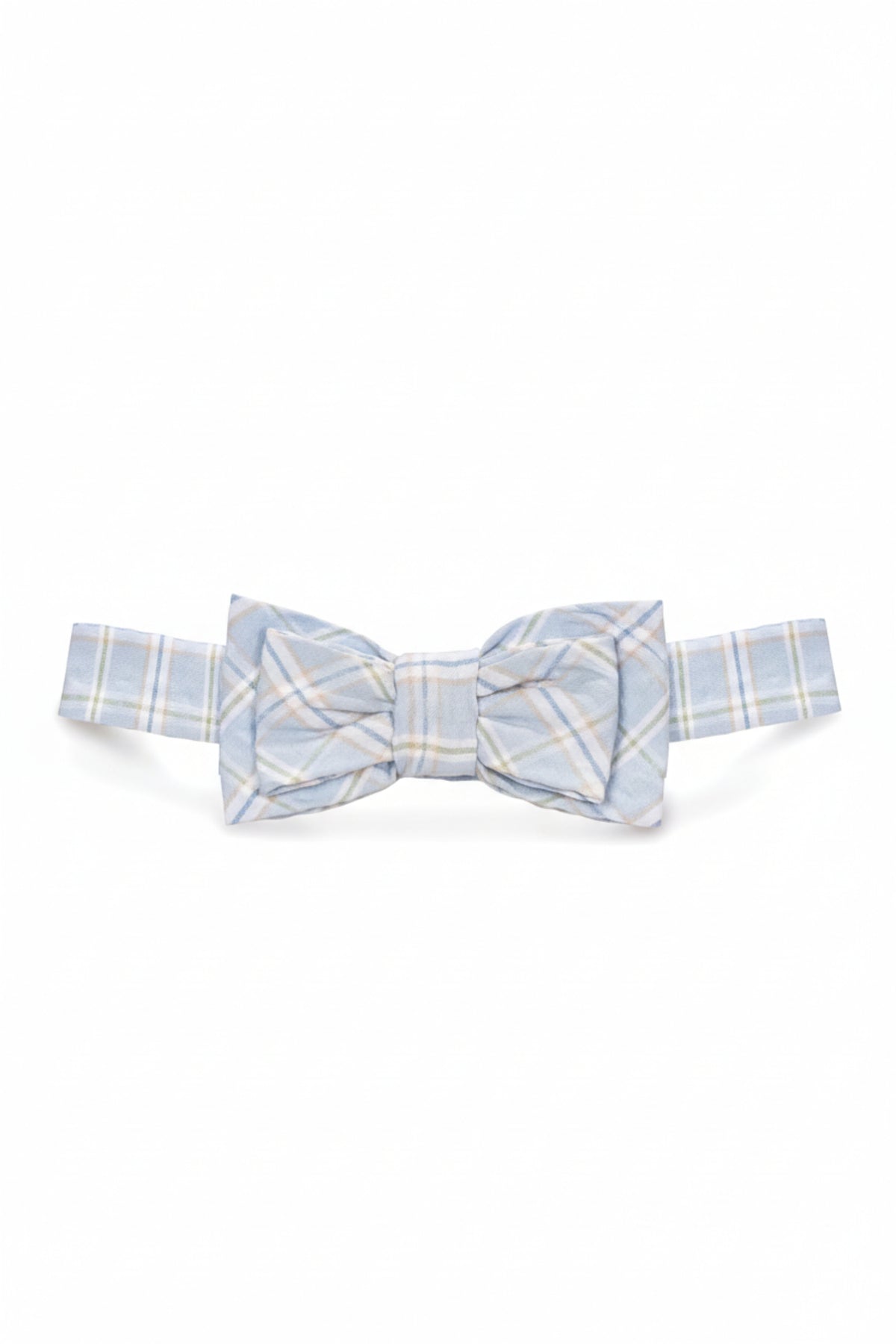 A classic pre-tied bow tie in a chateau blue check pattern, made from organic cotton, suitable for young children.