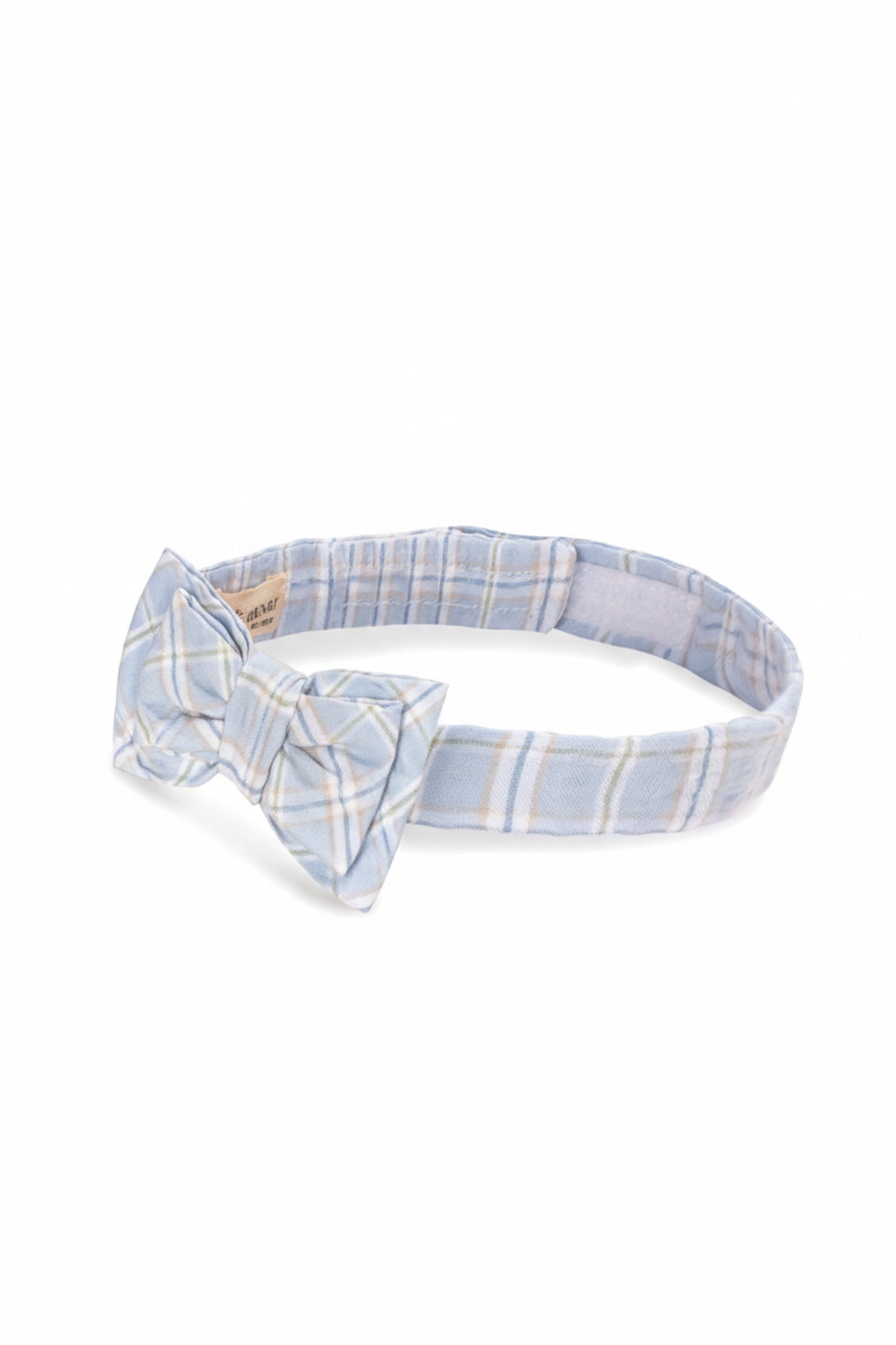 Light blue organic cotton bow tie featuring a checkered pattern, designed for children, with a comfortable adjustable strap.