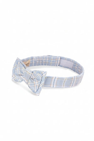 Light blue organic cotton bow tie featuring a checkered pattern, designed for children, with a comfortable adjustable strap.